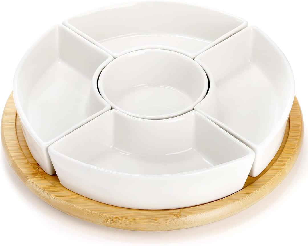 Lyellfe Divided Serving Dish Lazy Susan, 360 Rotatable Porcelain Appetizer Snack Tray Platter for Fruit, Veggies, Candy, Relish Tray for Christmas Thanksgiving Party, 5 Removable Compartment, White