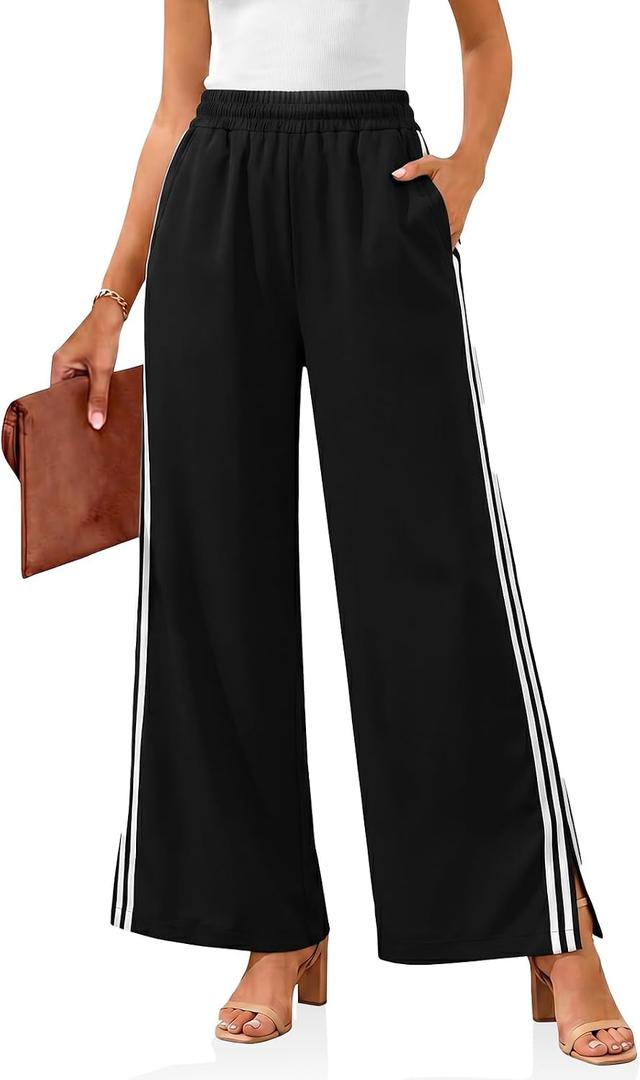 Cicy Bell Womens Palazzo Striped Pants Wide Leg High Waisted Baggy Business Casual Side Split Elastic Y2K Lounge Trousers, Small