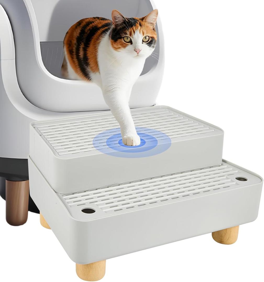 SpaceTime Elevated Cat Litter Trapping Mat for Litter Box,Detachable Cat Step/Ramp/Catcher with Wooden Base,Height-Adjustable Kitty Litter Pad for Floor & Indoor Cats,Non-Slip,Easy to Clean (Grey)