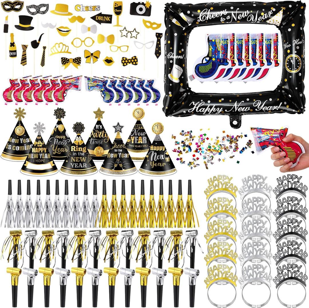 272 Pcs 2026 New Years Eve Party Supplies Set Serve 48, New Years Eve Cone Hats, Inflatable Fireworks Gun, Photo Frame, Props, Gold Glitter Noisemakers for Party Decor Favor