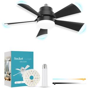 Socket Fan Light, E26 E27 Screw in Ceiling Fans with 1 Spare Lightbulb 20.5 in, Light Fan with Lights Dimmable for Kitchen Garage Laundry Room Black