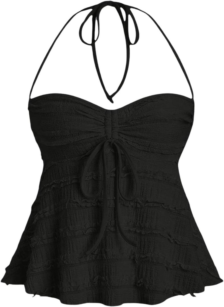 SOLY HUX Women's Peplum Halter Crop Tops Y2K Drawstring Tie Ruched Dressy Casual Spaghetti Strap Cami Top (Pure Black), S