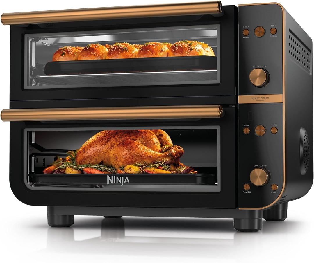 Ninja Double Oven Pro Smart XL Countertop Oven & Air Fryer | 30.2 Qt Capacity |12-in-1 Versatility with Smart Finish & DualZone Tech to Cook 2 Meals at Once | Fit up to 4.5lb Chicken | Onyx | DCT801BK, 18.7 in L x 17.2 in W x 14 H