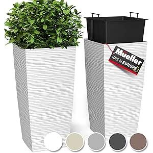 Mueller M-Resin Heavy Duty Tall Planters for Outdoor Plants, Indoor Grande Plant Pots, Boxes, Trees, Flower Pots, 2-Piece Set, 24”, Modern Design, Built-in Drainage, Front Porch Decor, White