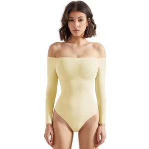 SUUKSESS Women Off the Shoulder Long Sleeve Bodysuit Double Lined Thong Bodysuit (Large, Butter Yellow)