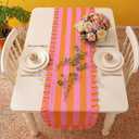 HunnmingRe Ruffle Edge Striped Table Runner 118 x 15.7 Inch Scalloped Table Cover Farmhouse Linen-Cotton Blend Fabric Tabletop Decor for Home Kitchen Dinner Wedding Bridal Shower Party