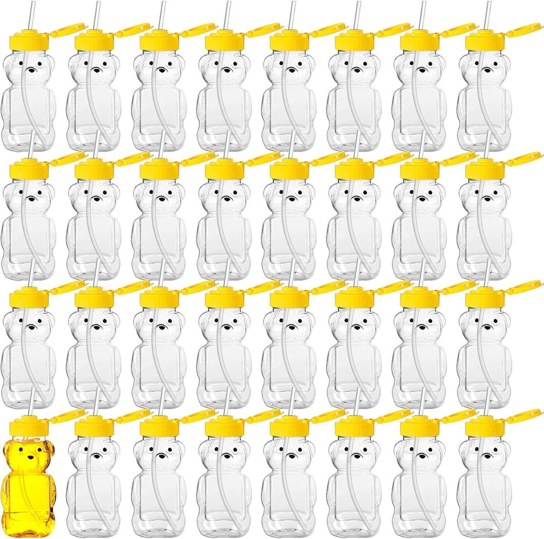 Thenshop 32 Pack Honey Bear Bottle with Straws Empty Plastic Cup Honey Jar Containers Bear Shaped Squeeze Bottle Storing and Dispensing Yellow Flip Top Lid Assistive Cups(6oz)