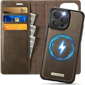 Wallet Case for iPhone 16 Pro Compatible with Magsafe, 2-in-1 PU Leather Flip RFID Blocking Card Holder Stand Shockproof Magnetic Detachable Cover for iPhone 16 Pro Case 6.3", Brown