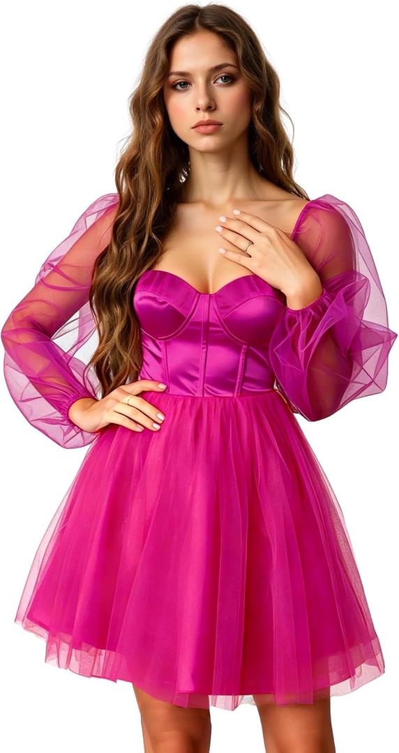 Women Sweetheart Neck Puffy Sleeve A-line Dress Built in Bra Tulle Satin Prom Ball Gown Party Dress (Pink, M)