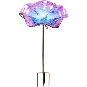DREAM GARDEN Glass Bird Bath for Outdoors, Garden Birdbaths Birdfeeder with Metal Stake for Outside Yard Lawn, Purple