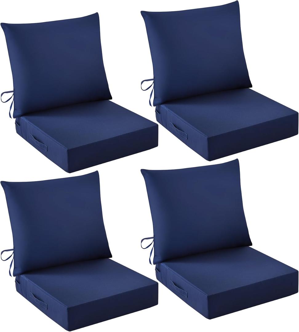 Outdoor Chair Cushions, 24 x 24 Inch Outdoor Cushion for Patio Furniture, Patio Chair Cushion, Waterproof & Fade Resistant Deep Patio Furniture Cushions Set with Handle and Ties, Navy Blue (Set of 4), 24*24+5.75/25*22.5