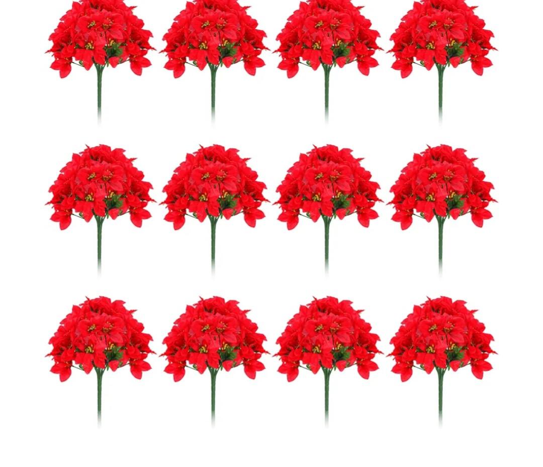 Dingion 12 Pieces 7 Heads Christmas Artificial Poinsettia Flowers Faux Bush Bouquets Silk Poinsettia Ornaments Decorations for Xmas Party Wedding(Red)