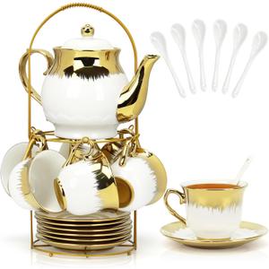 Porcelain Tea Set, Large Ceramic Tea Set for Adults with Metal Holder, 20 Pcs European Tea Cup Set, Luxury Adult Tea Sets Gift, Gold Trim Tea Cup Saucer Sets for Party Deco,1000ML (Gold Trim)