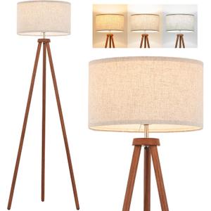 ELYONA Wood Tripod Floor Lamps with 3 Color Temperatures LED Bulb Vintage Standing Light Beige Linen Shade Tall Floor Lamp for Bedroom Living Room Office Study Room, Brown & Nickel Metal