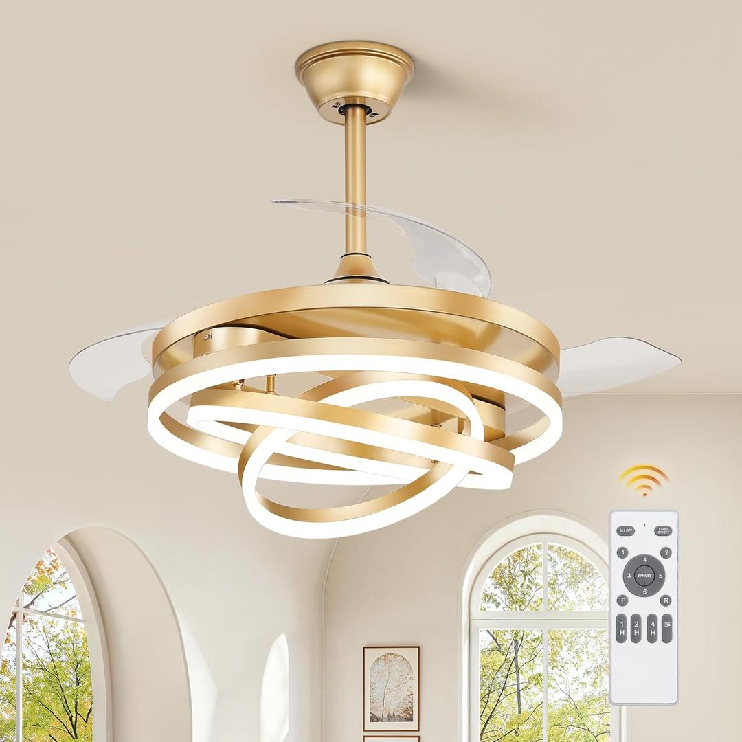 LEDIARY 42 Inch Retractable Ceiling Fan with Lights, Fandelier Ceiling Fan with 6 Speeds,3000K-6000K Adjustable,and DC Motor,Chandelier Ceiling Fans with Lights and Remote for Bedroom Living Room,Gold