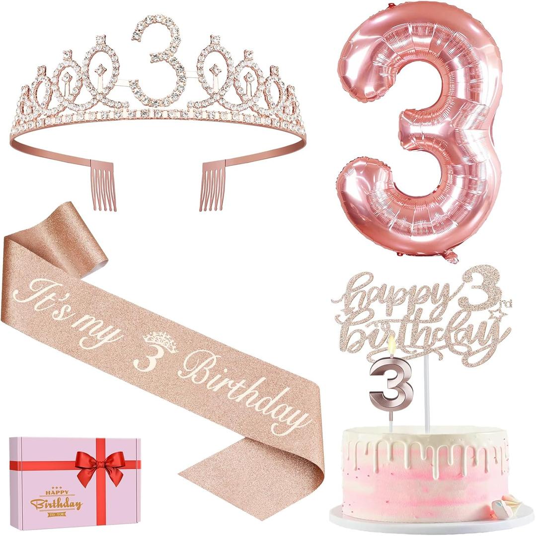 3rd Birthday Decorations for Girls, Including 3rd Birthday Sash and Tiara, Cake Topper and Candle, Number Balloon, 3 Year Old Gifts for Girls