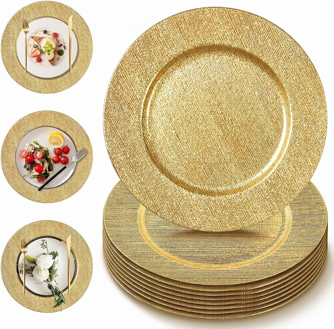 PROY 50 PCS 13 Inch Gold Charger Plates Bulk, Brushed Textured Plastic Round Chargers for Dinner Plates, Decorative Chargers for Wedding, Party And Event