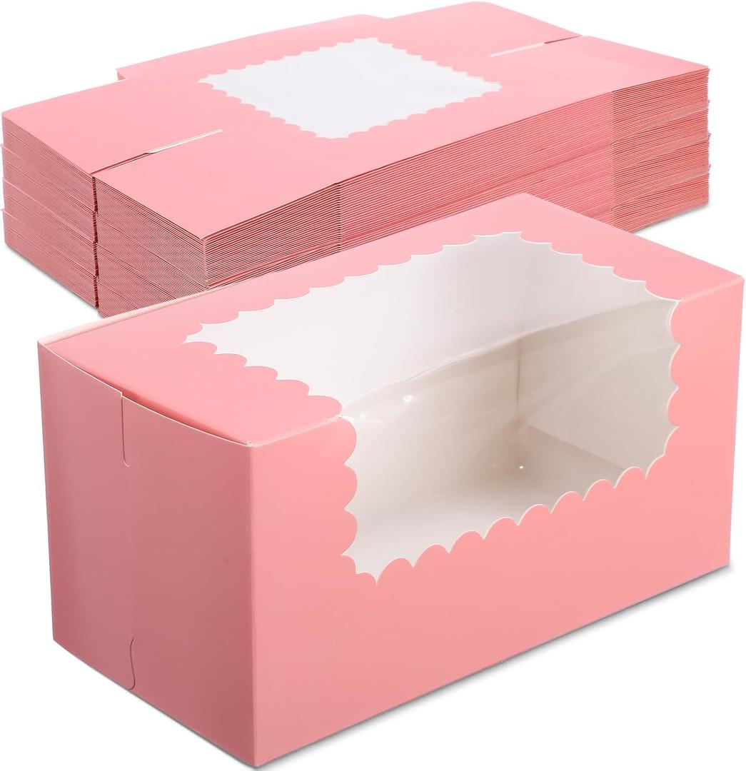 Ireer 60 pcs 8x4x4 Inch Bakery Boxes with Window Cookies Boxes Pumpkin Roll Container Donut Box Pastry Cake Packaging Safe for Cookies Loaf Muffins Breads Dessert Candies Treat(Pink)