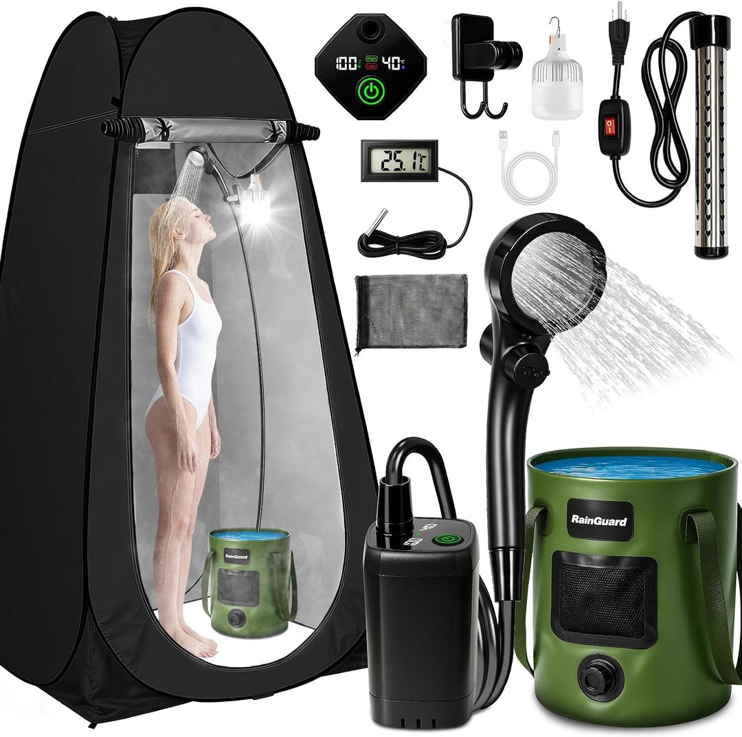 Portable Shower with Heater, Pop up Shower Privacy Tent with LED Lights, 6000mAh Camp Shower Pump, 6.6 Gallons Foldable Bucket, Outdoor Camping Shower Kit for Hiking, Beach, Pet Bath, Car Wash (Black)