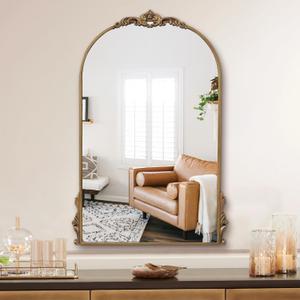 Carved Vintage Mirror Gold, 24" x 36" Antique Bathroom Mirror, Ornate Baroque Brass Mirrorfor Living Room, Fireplace, Bedroom, Entryway