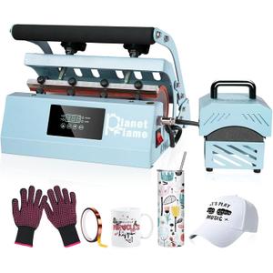 Tumbler and Hat Heat Press Machine, 2-in-1 Combo Machine for Cup and Cap with Gloves and High Temp Heat Resistant Tape for 11oz-30oz Sublimation Tumbler and All Caps, Blue