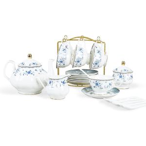 Fanquare 15 Piece Blue Rose Porcelain Tea Set, British Floral Teapot with Tea Cups, Women Tea Party Set for 6