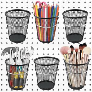 6 Sets Pegboard Cups with Ring, Metal Pegboard Bin with Hooks, Black Multipurpose Pegboard Organizer Accessories Pencil Holder Peg Boards for Desk Classroom Office Garage Workshop