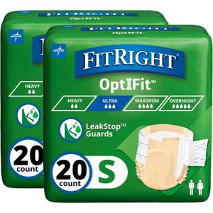 FitRight Adult Diapers, Ultra Heavy Absorbency, S (Waist Size 20in-32in), 20 Count, OptiFit Incontinence Briefs for Men and Women, Disposable, Moisture-Wicking, Leak Protection, (Pack of 2)