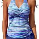 Women Two Piece Tankini Halter Padded Adjustable Drawstring Swimsuit with Boyshorts (Large, Blue Water Wave)