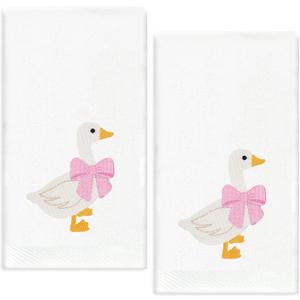 JarThenaAMCS 2 Pack Silly Goose Hand Towels 29.5 x 13.7 Inch Pink Bow Embroidered Cotton Dish Towel Bathroom Decor for Hand Drying Kitchen Cleaning Towel Gift Set