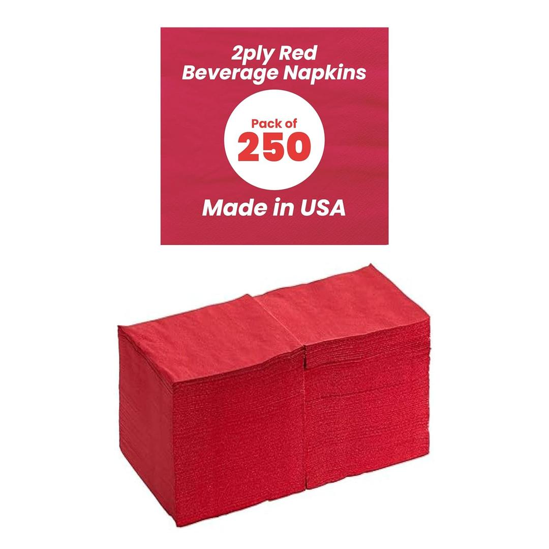 Perfectware - PW-2 Ply Red Bev-250 2 Ply Red Beverage Napkins- Pack of 250ct