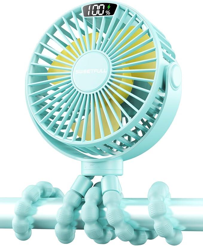 SWEETFULL Portable Stroller Fan with Display 4000mAh Battery Powered Mini Clip On Fan, 4Speed Rechargeable Small Personal Cooling for Baby Car Seat Crib Travel  Cyan