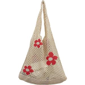 AIYUENCICI Crochet Tote, Fairy Hobo for Women - Y2k Purse, Knitted Shoulder Bag for Girls - Mesh Beach Bags (Beige)