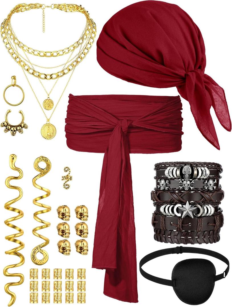 31 Pieces Pirate Costume Accessories Women Pirate Hat Head Scarf Sash Belt Necklace Earrings for Cosplay Party (One Size, Wine Red)