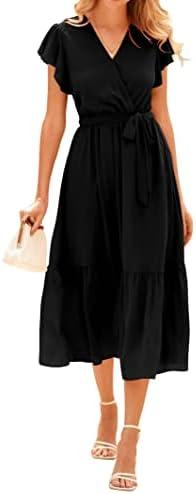 BTFBM Women Summer Bohemian Floral Casual Wrap V Neck Ruffle Cap Sleeveless Belt A-Line Pleated Hem Midi Sun Dress Black XL