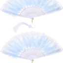 uxcell 2 Pcs Vintage Folding Fan, Embroidered Flower Marabou Feather Fans 20s Vintage Style Handheld Folding Fan for Dancing Wedding Show Party Tea Party Occasions, Light Blue (Lace) 