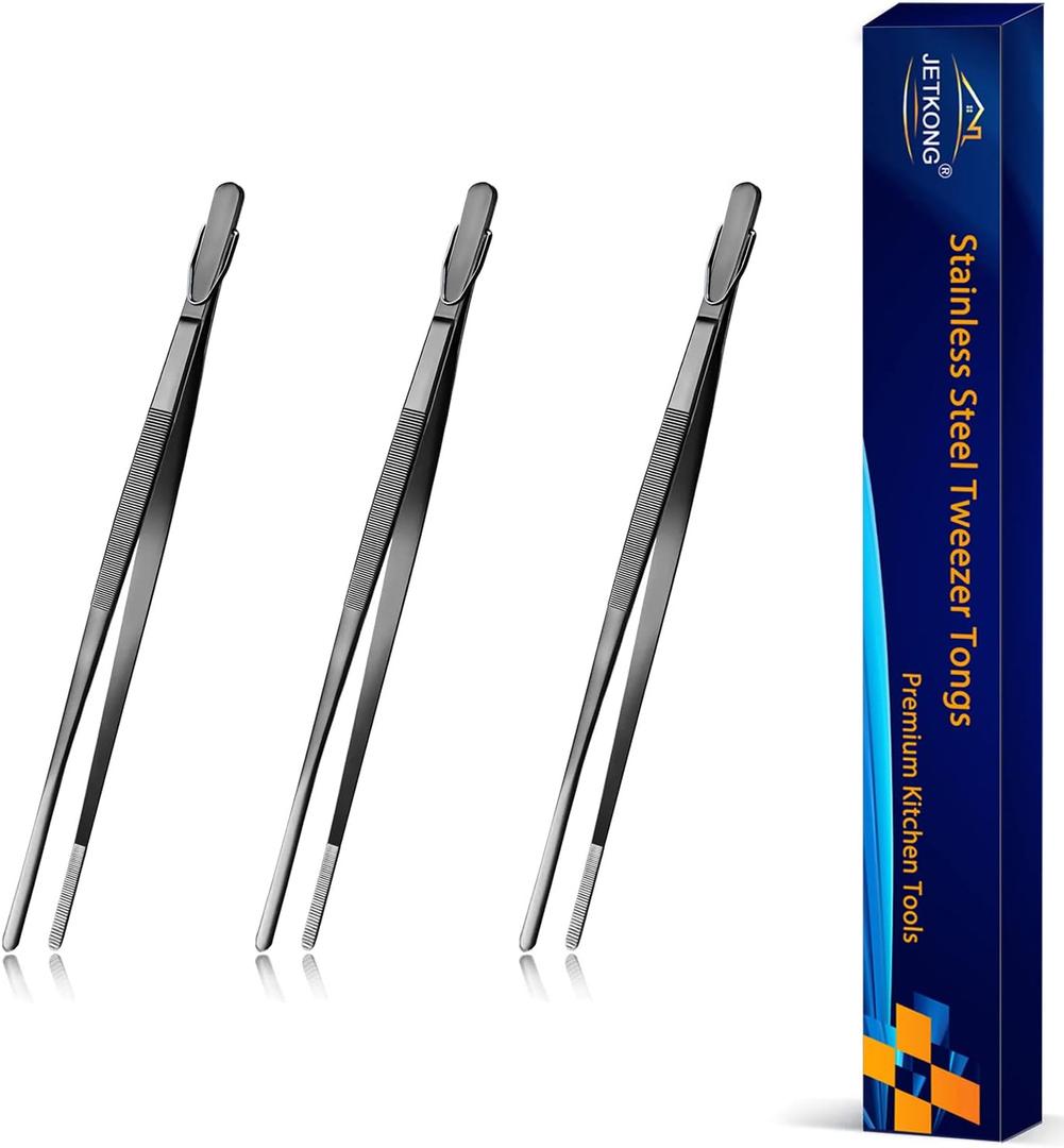 JETKONG 7 Inch Tweezers Tongs Mini Kitchen Food Tweezers Small Cooking Thin Tongs, Set of 3 (7 7 7 Inch, Black)