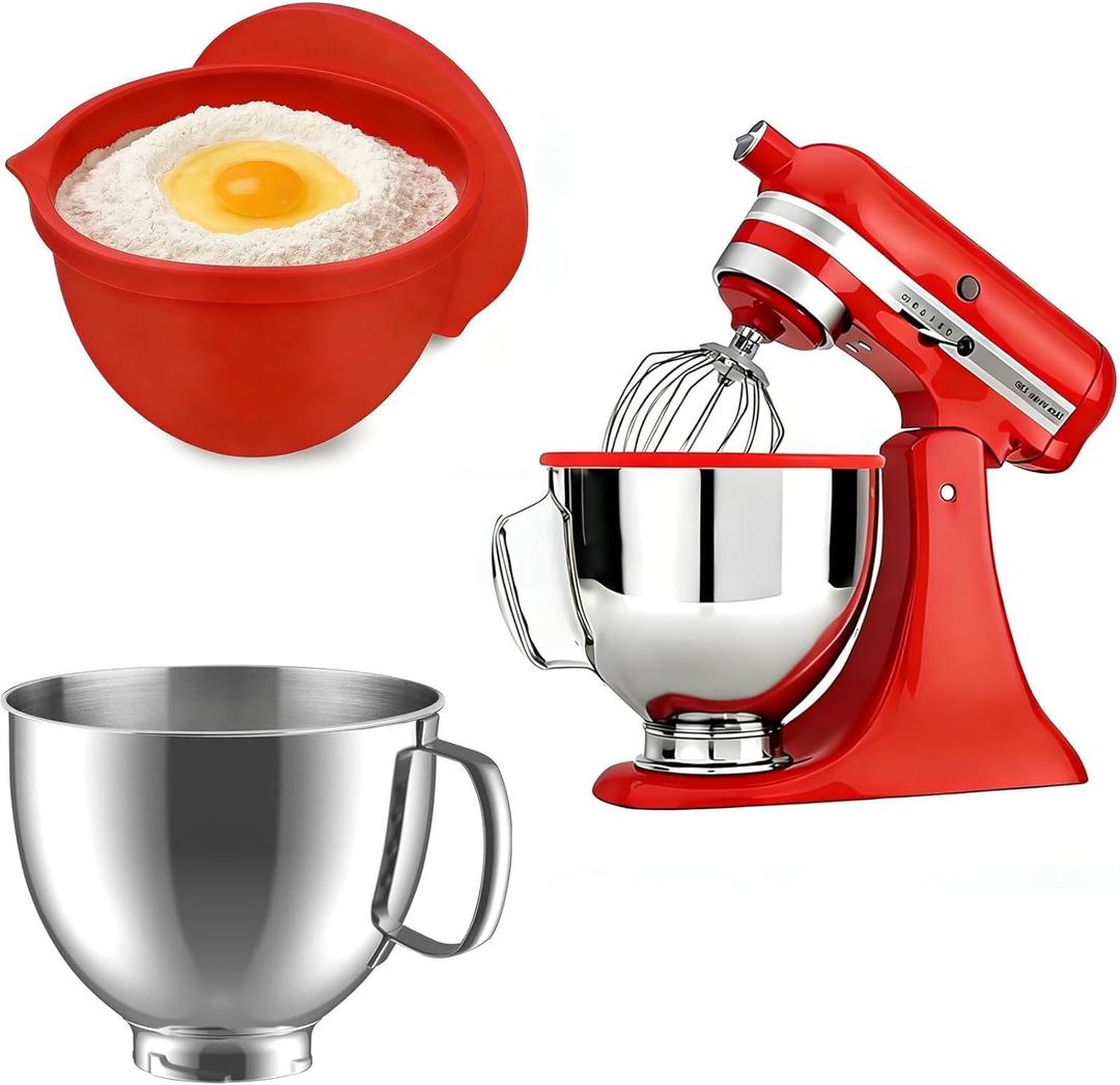 Stainless Steel Mixing Bowl with Removable Silicone Liner for Kitchen Aid 4.5 5QT Tilt-Head Mixers (1 Stainless Steel Bowl+1 Silicone Liner), Non-Stick, Dishwasher Safe