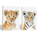 2 Paintings Of A Small Tiger And Lion, 12x16