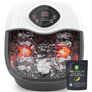 Foot Spa Bath Massager with Tea Tree Oil Foot Soak with Epsom Salt - with Heat, Bubbles and Vibration,Red Light,Medicine Box Digital Temperature Control 8 Acupressure Massage Points (White/Black)