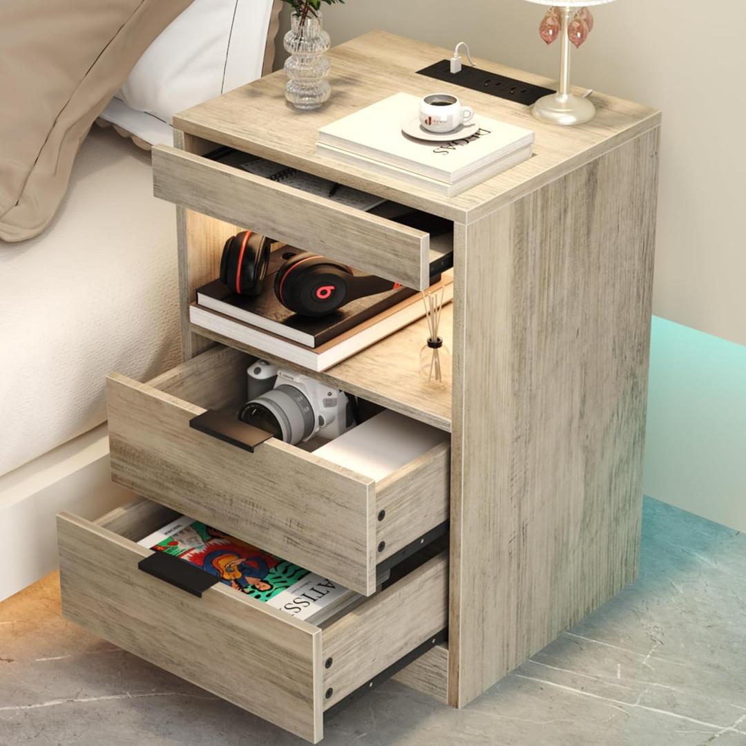 Gadroad LED Nightstand with Charging Station, Bedside Table with 3 Drawers and LED Lights, End Table Sofa Couch Side Table with Pull-Out Shelf, Grey Gadroad LED Nightstand with Charging Station, Bedside Table with 3 Drawers and LED Lights, End Table Sofa Couch Side Table with Pull-Out Shelf, Grey