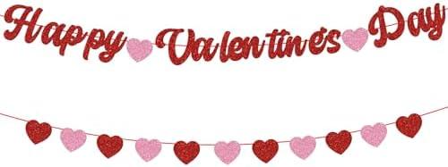 Adecortalk Happy Valentines Day Banner Glitter Valentines Banner Red Pink Heart Garland Decorations for Valentine's Day Wedding Anniversary Party Decorations