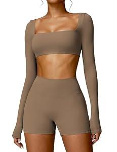 YEOREO Kyla Women Crop Top Long Sleeve Padded Sports Low Medium Impact Yoga Shirt Workout Brown XL
