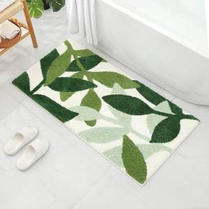 Gibelle Long Bathroom Runner Rug 24"x48", Green Leaves Large Bath Runner Rugs for Bathroom, Non-Slip Strong Water Absorbent Plush Microfiber Bath Mat Runner Washable