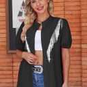 MYMORE Womens 2025 Western Cowgirl Rhinestone Fringe Shirt Blouse Sparkly Puff Short Sleeve Button Down Shirt Jacket Dolly Costume Parton Nashville Cowboy Rodeo Country Concert Outfit Costume Black XL