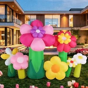 KISSUNY 10ft Easter Inflatable Flowers Outdoor Decoration with Built-in LED Lights, Giant Blow Up Yard Decor with Stakes and Ropes for Garden Lawn Party Spring Holiday Decor