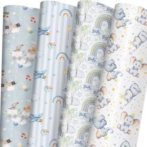 SaringSwoon Baby Shower Wrapping Paper for Boys Birthday Baby Shower - Blue Gift Wrap With Funny Animals, Airplane, Rainbow, Elephants, Balloon and Baby Boy Design - 20×29 Inches, 8 Folded Sheets pack of 5