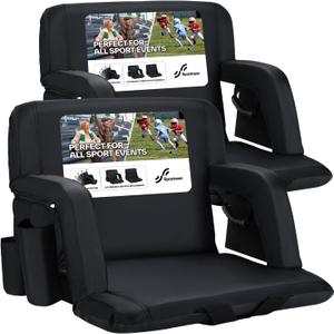Sportneer Stadium Seats with Back Support: 2.5'' Thick Comfy Cushion 6 Adjustable Angle Bleacher Seat with Armrest - 2 Large Pockets, 2 Cup Holders Stadium Chair for Sport Events Concerts Parks, Black, 2 Pack, Non-Heated, Extra Wide - 24" 
