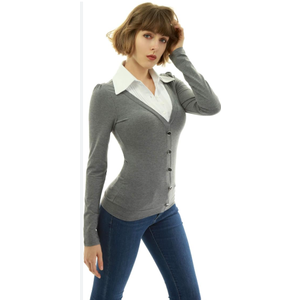 AmlieBoutik Women Shirt Collar Pleated 2 in 1 Style Pullover Blouse Top, Size Medium