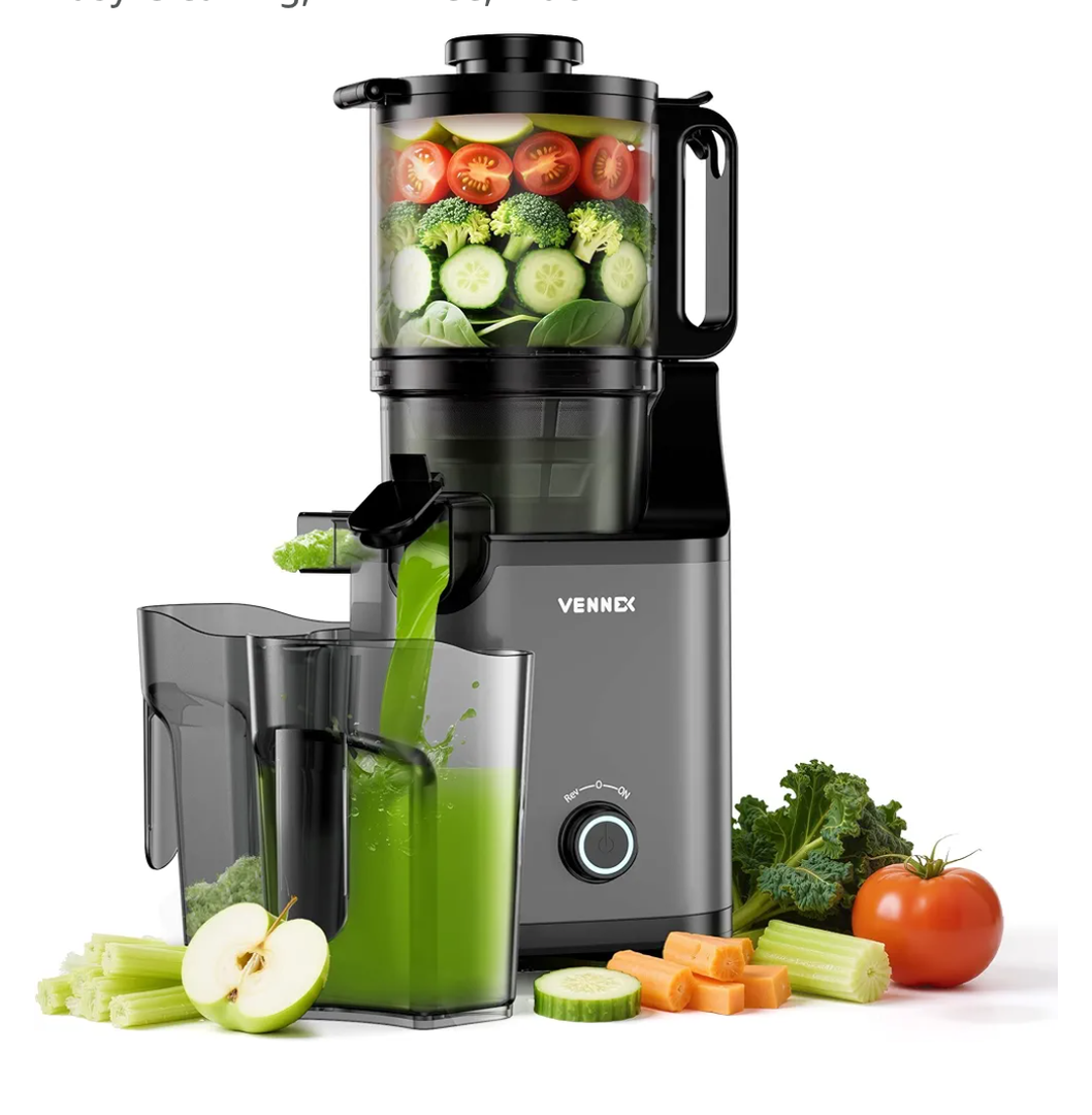 VENNEX Cold Press Juicer with 5.7" Extra Large Feed Chute, Slow Masticating Juicer Machines for Whole Fruits & Vegetables, Dual Auger for High Juice Yield, Easy Cleaning, BPA Free, Black